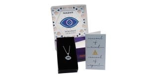 Elegant Evil Eye Necklace with blue and white Swarovski crystals in bespoke packaging - Samahdee Jewelry Collection
